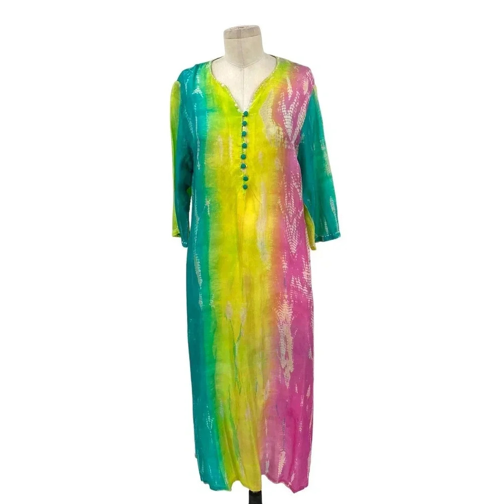 Soft Surroundings Silk Colorful Tie Dye Beaded Semi-Sheer Long Sleeve Maxi Dress